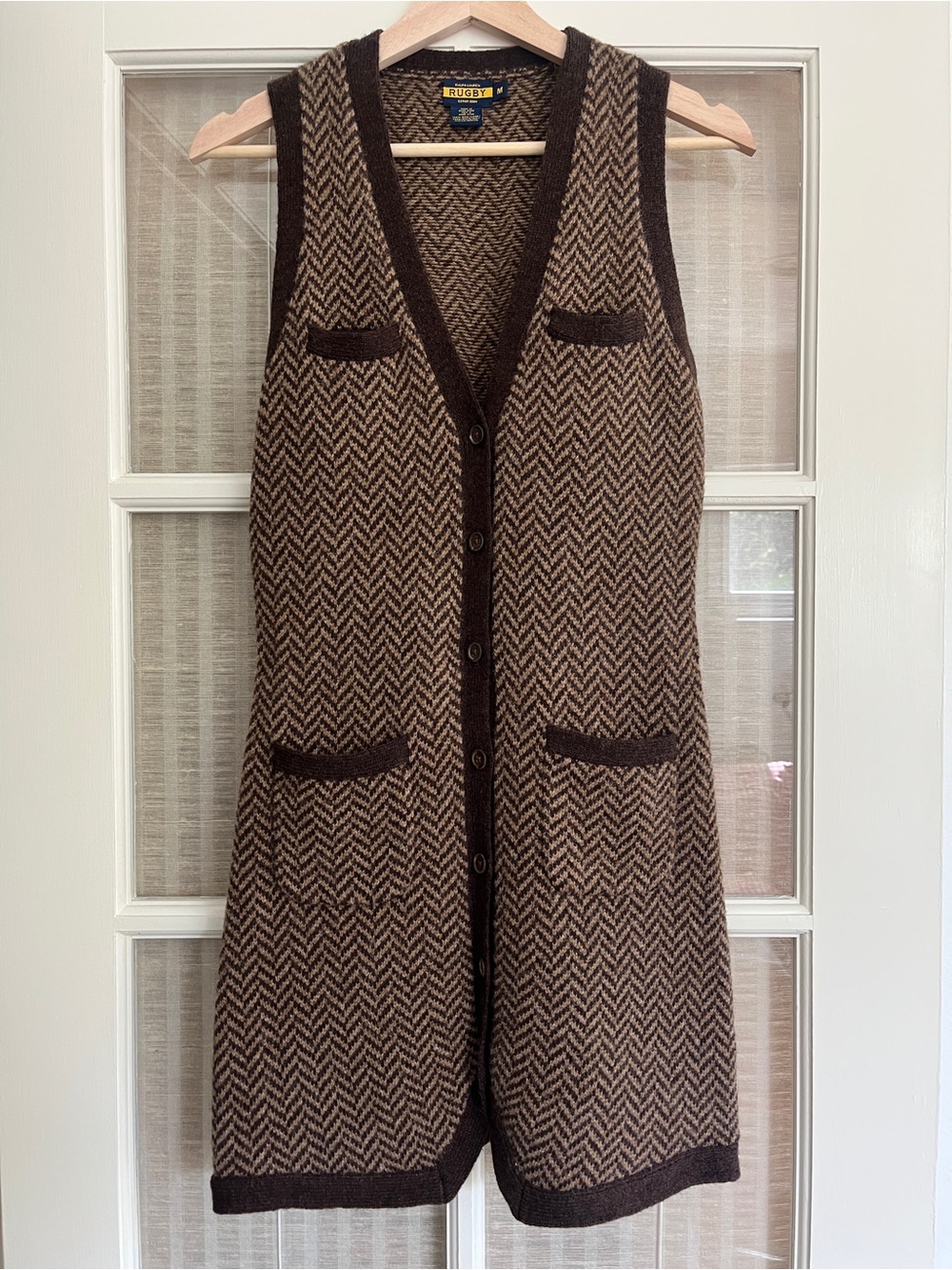 Ralph Lauren Rugby Brown Wool Chevron Knit Long Vest with Dark Trim